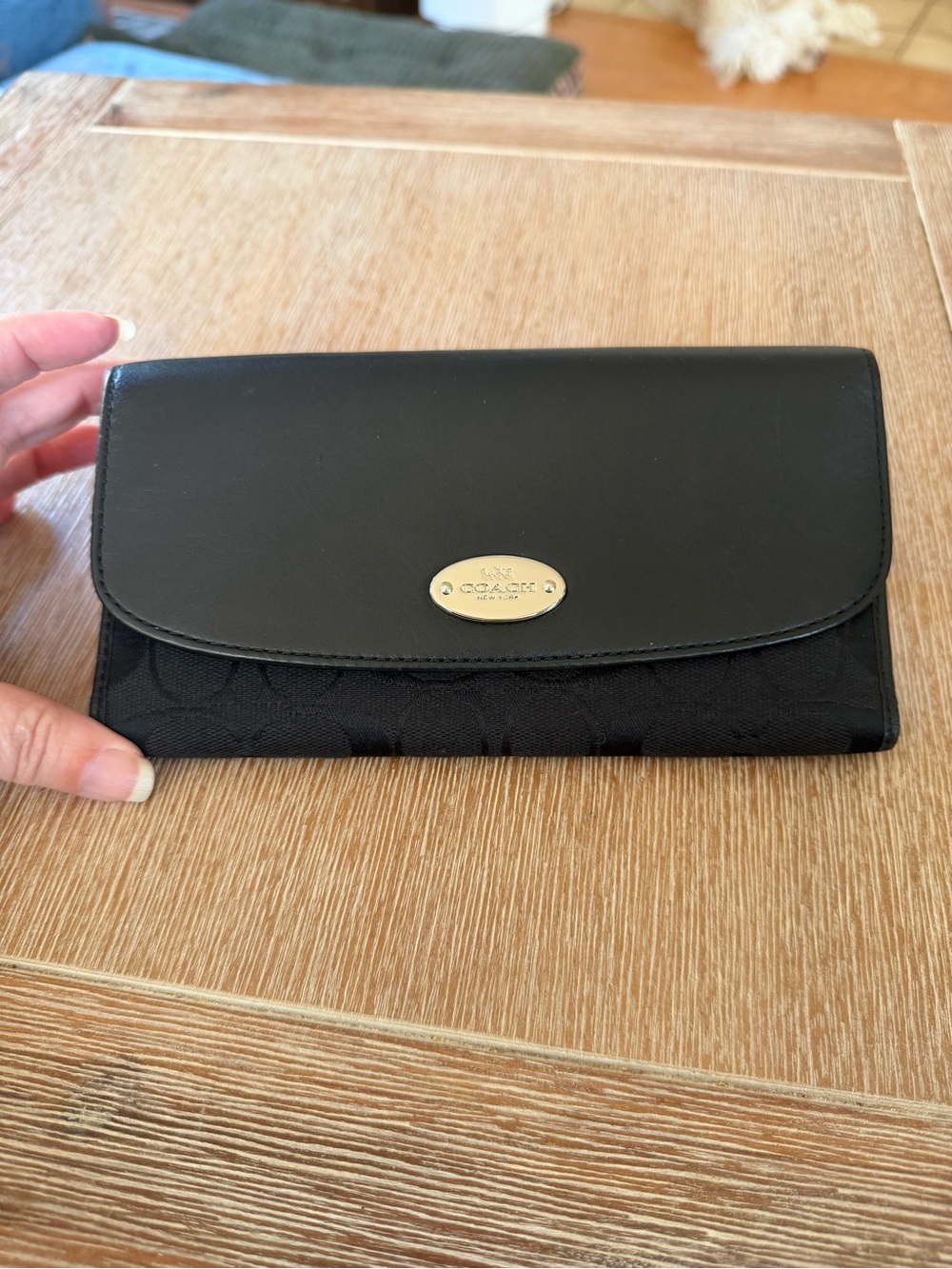 Coach Black Signature Continental Wallet with Gold Plaque